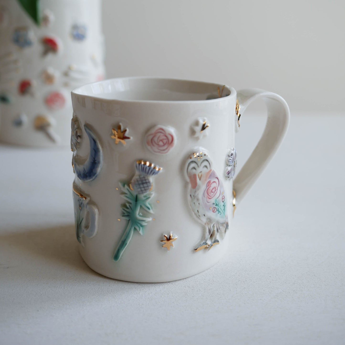 Mug * Tea leaf reading, thistle, rabbit, owl