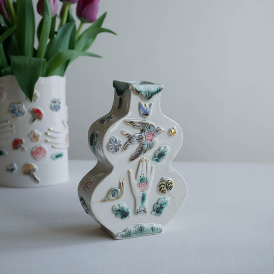 Curve vase * Hand to bird, insects/ pot with flowers & butterflies