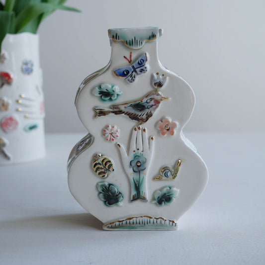 Curve vase * Hand to sparrow & snail/ Planter with flowers & butterfly