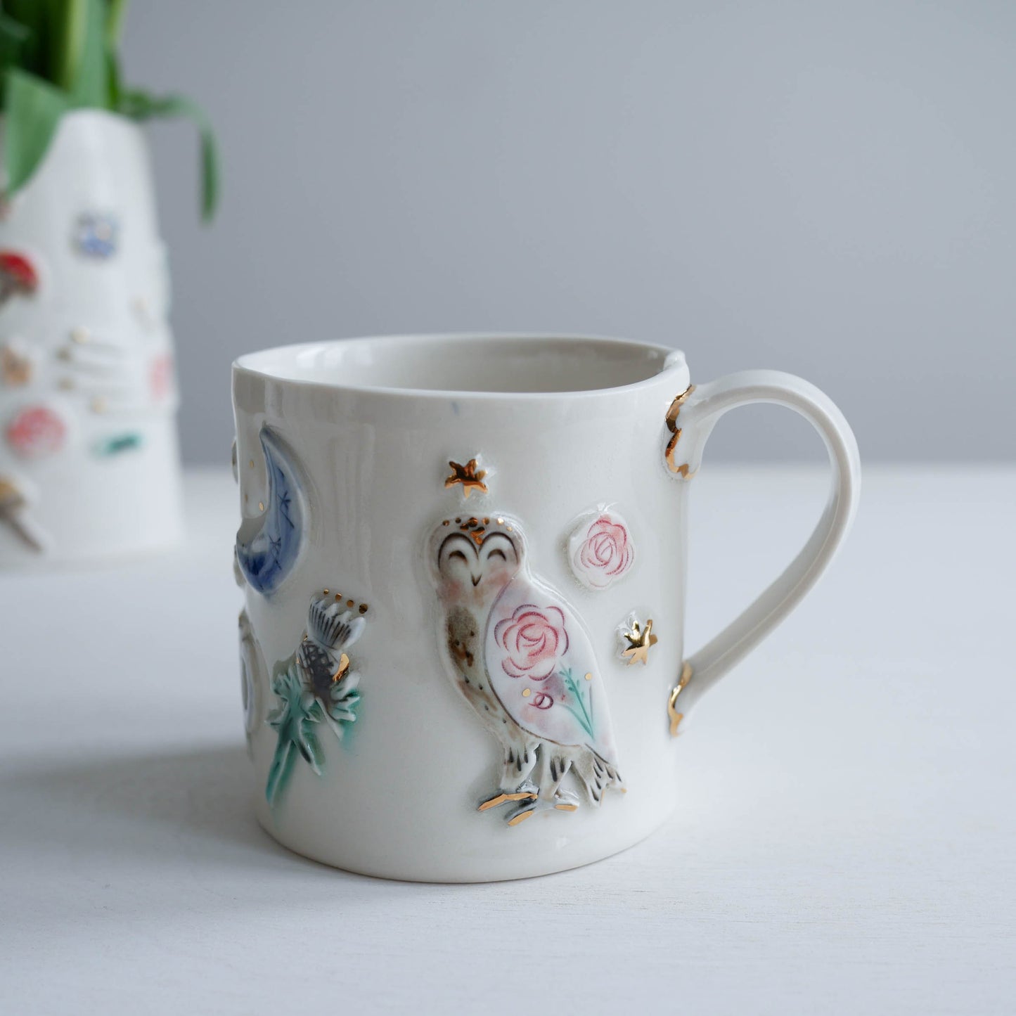 Mug * Tea leaf reading, thistle, owls & moths