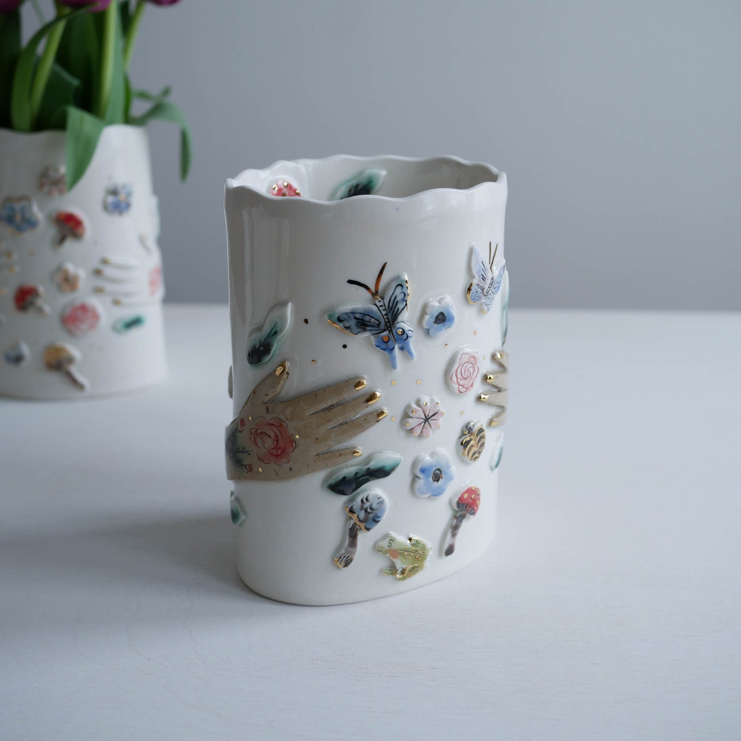 Vase * Hugging hands with mushroom, butterflies and frog #4
