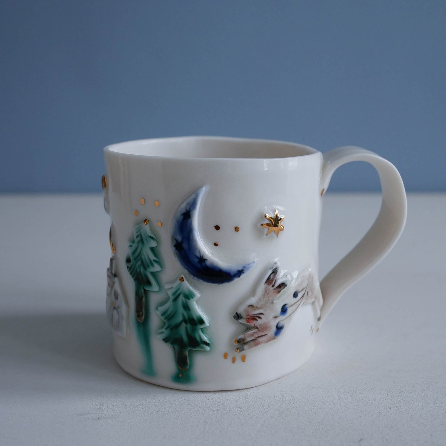 Mug * Woodland Winter Cabin, Cardinal, Rabbit (Sale drippy green oxide on trees)