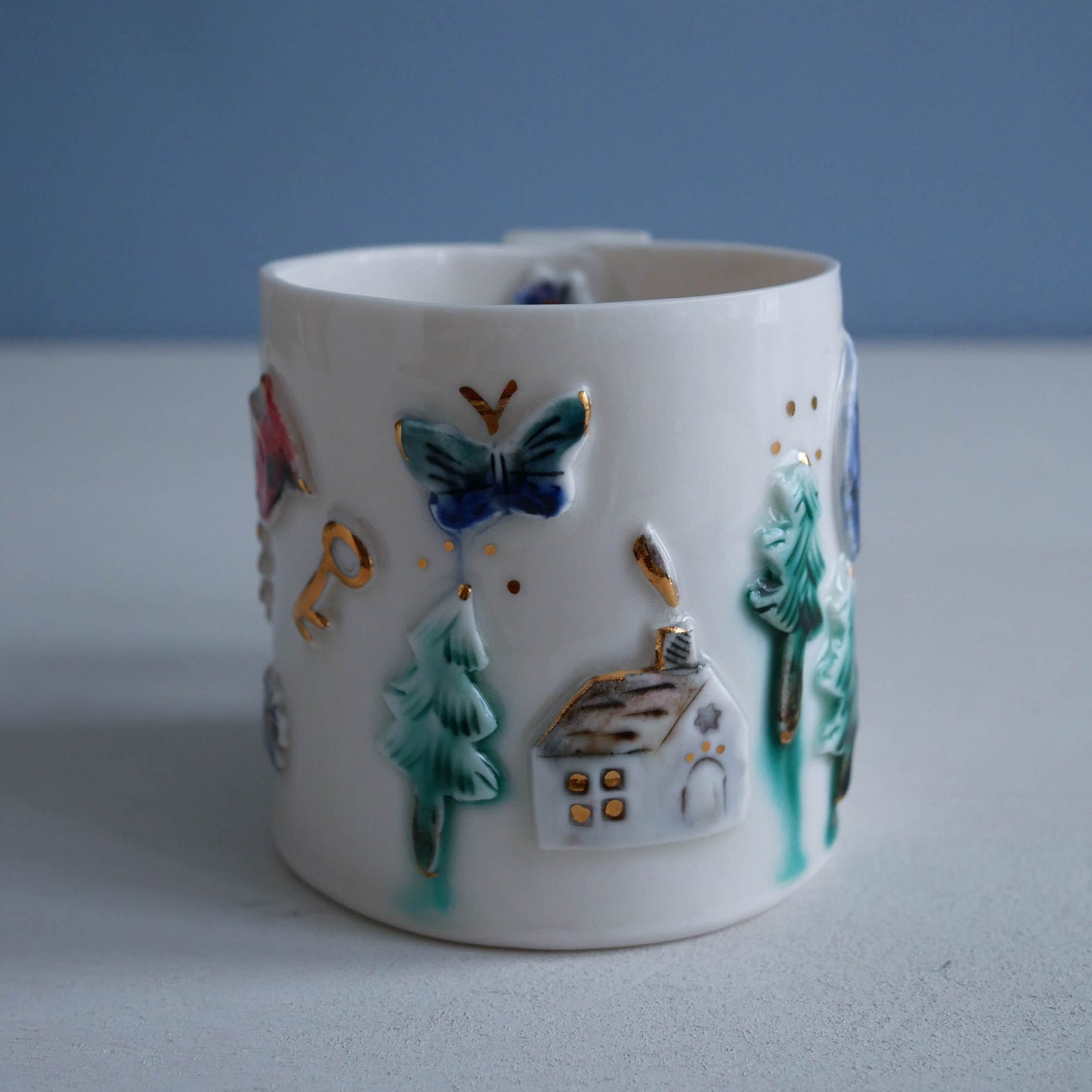 Mug * Woodland Winter Cabin, Cardinal, Rabbit (Sale drippy green oxide on trees)