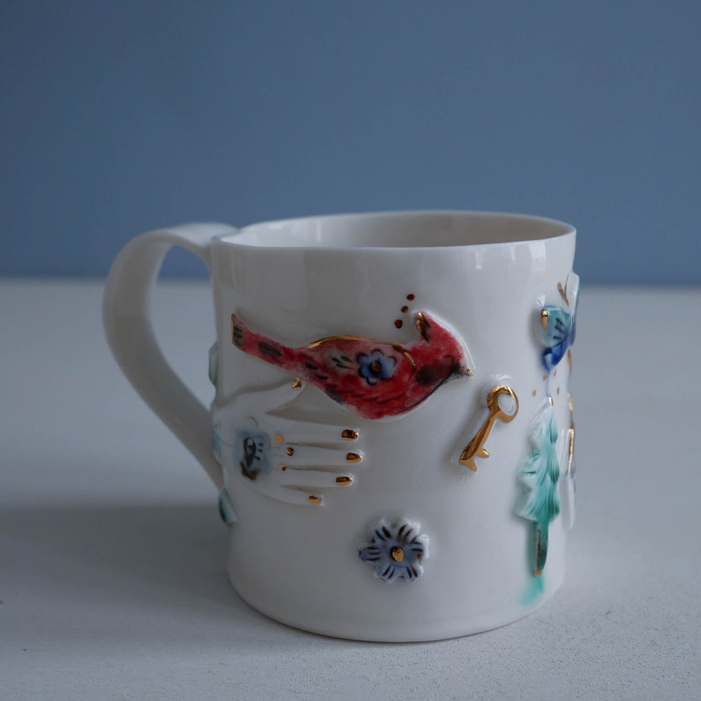 Mug * Woodland Winter Cabin, Cardinal, Rabbit (Sale drippy green oxide on trees)