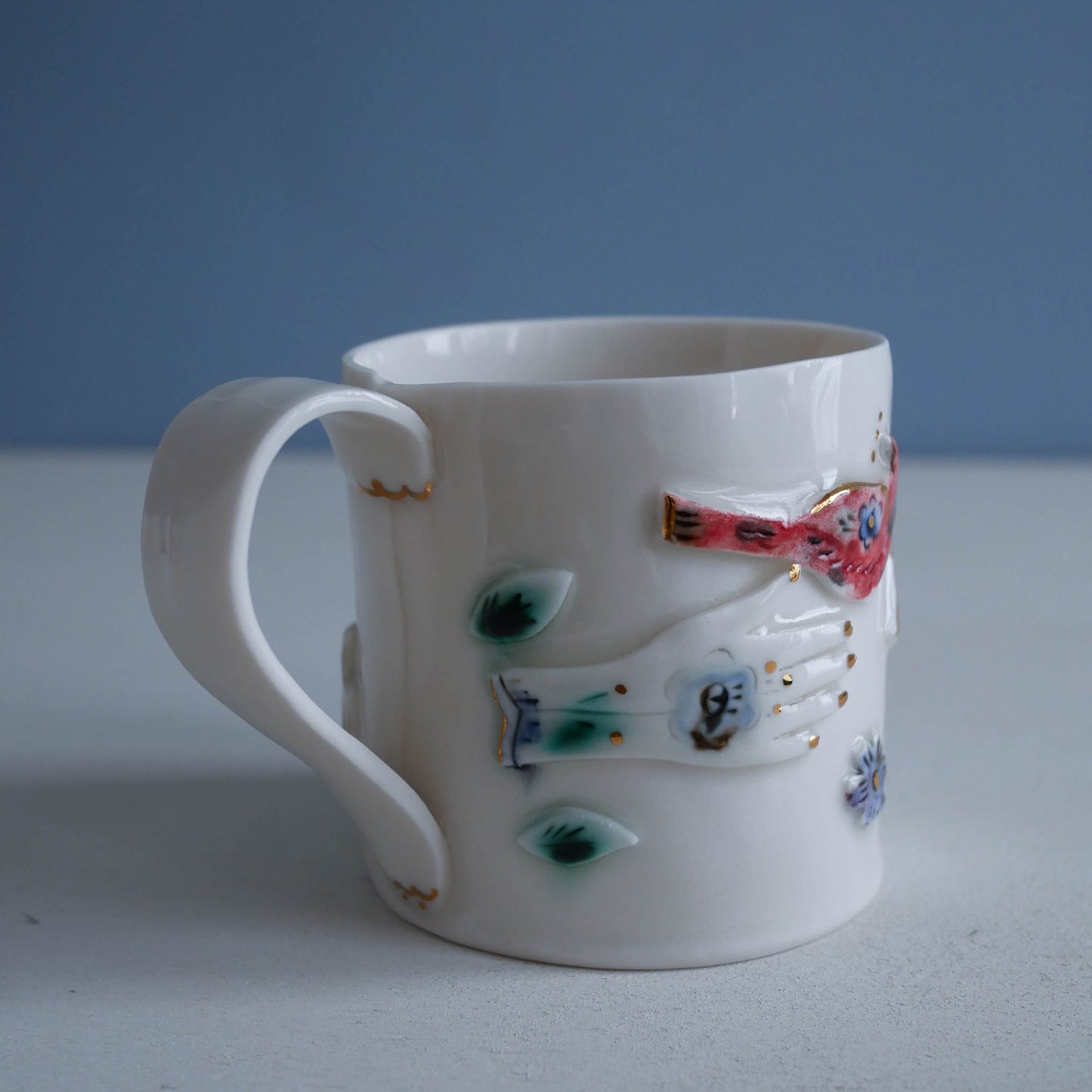 Mug * Woodland Winter Cabin, Cardinal, Rabbit (Sale drippy green oxide on trees)