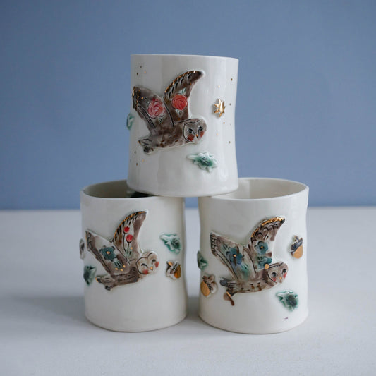Cup * Owl with one blue and one red flower( Bottom L)