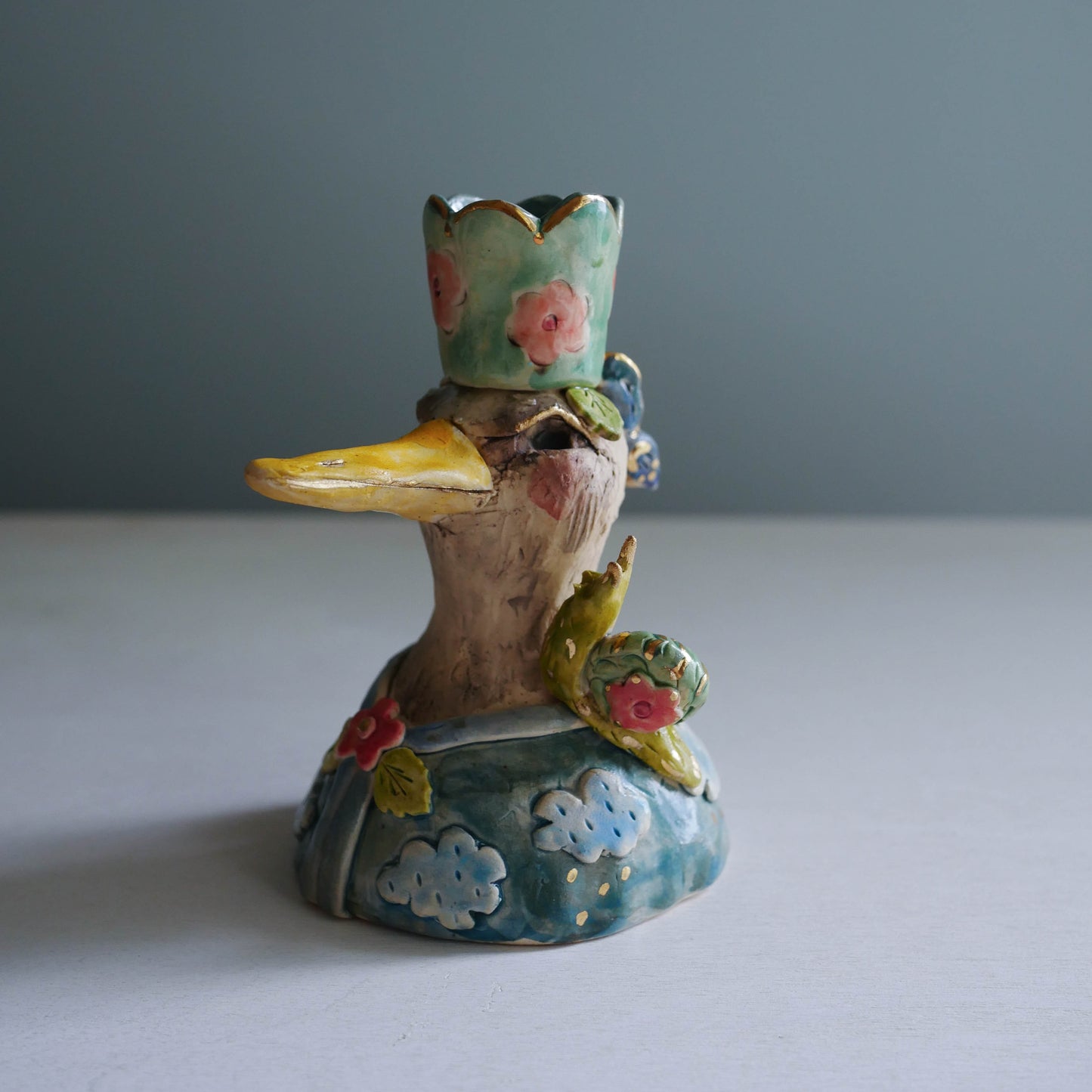 Sculpted bird candle holder/ clouds